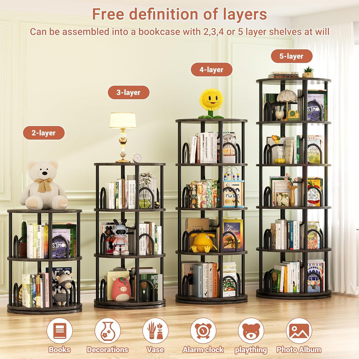 Aheaplus 5 Tier Rotating Bookshelf Tower, 360 Display Spinning Bookcase, Revolving Round Book Shelf Narrow Swivel Bookshelf, Vertical Turning Corner Book Organizer for Small Space, Black Oak