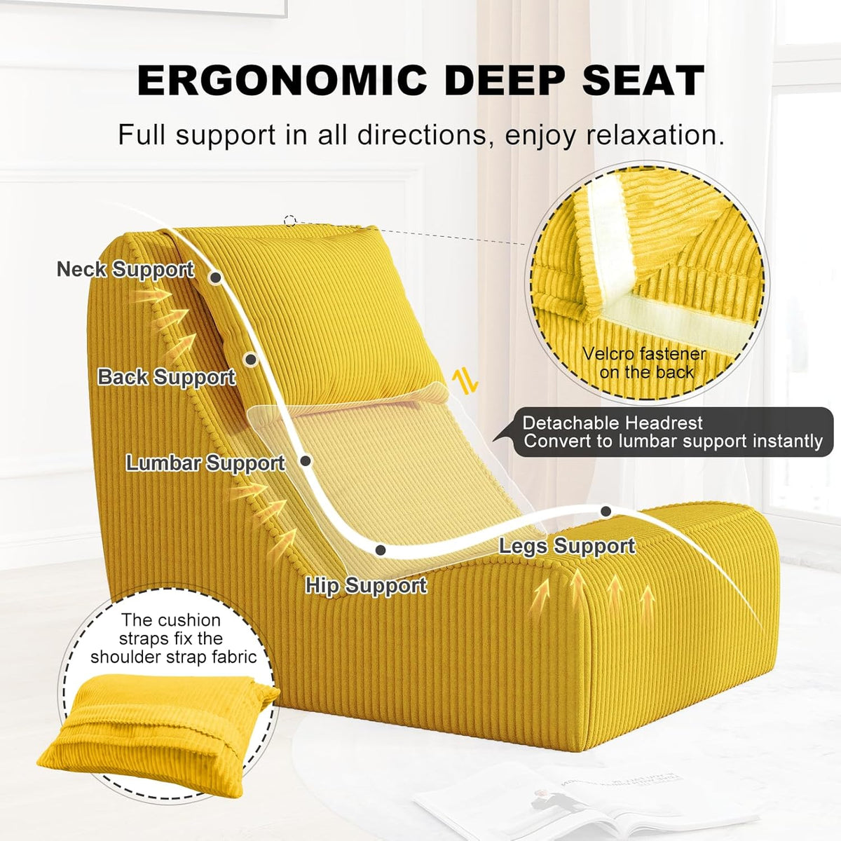Giant Bean Bag Chair for Adults,Corduroy Chaise Lounge with Unrivaled Back Support, Detachable Neck Pillow, Comfortable Ottoman & Washable Cover for Living Room, Bedroom, Garden (Corn Yellow)