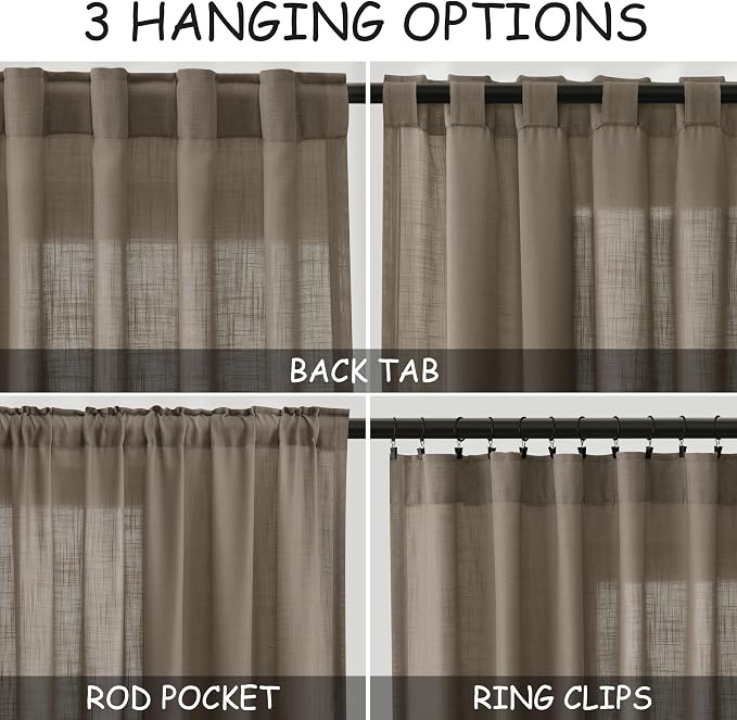 Nanspring Dark Taupe Semi Sheer Curtains 72 Inches Long 2 Panels Set