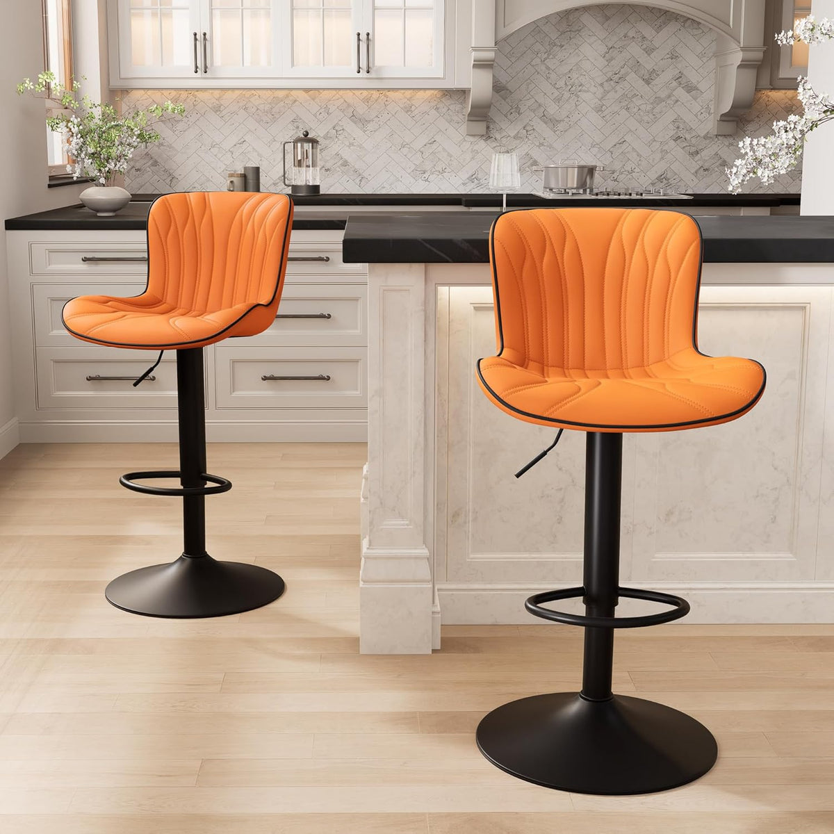 YOUNIKE Orange Bar Stools Set of 2 Faux Leather Upholstered Counter Height Barstools Swivel Modern Kitchen Bar Chairs with High Backs Adjustable Tall sillas para barra de cocina for Breakfast Island