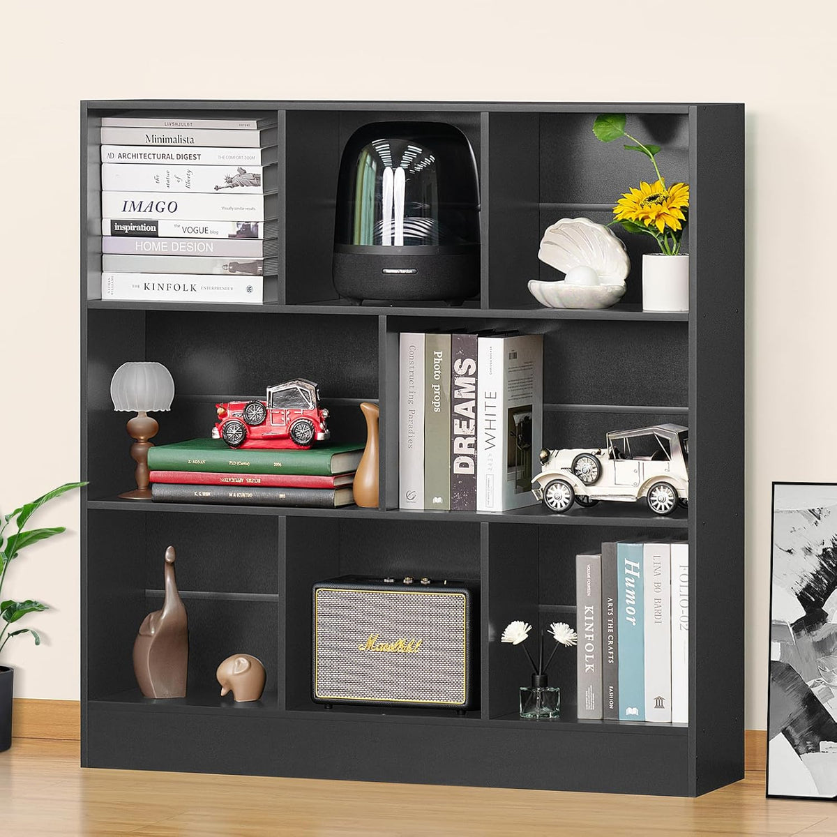 YAHARBO Black Wide Bookshelf,3 Tier Modern Horizontal Bookcase,Wood Low Bookshelves Display Storage Cabinet with Base,Floor Standing 8 Cube Large Bookcases Organizer for Bedroom,Living Room,Office