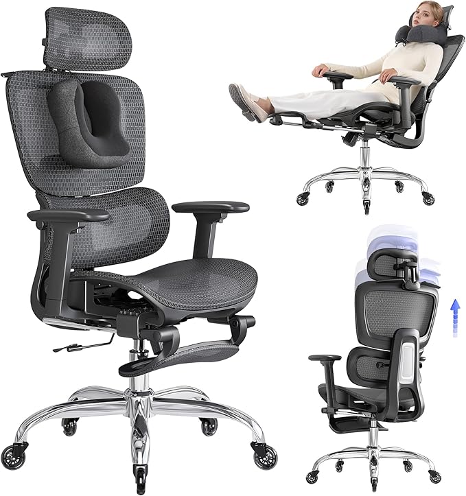 Office Chair with Footrest, Ergonomic Chair with Neck Pillow & Rubber Wheels, Computer Chair with Adjustable Backrest & 3D Armrests Headrest, Gaming Chair Adaptive Lumbar Support, Black