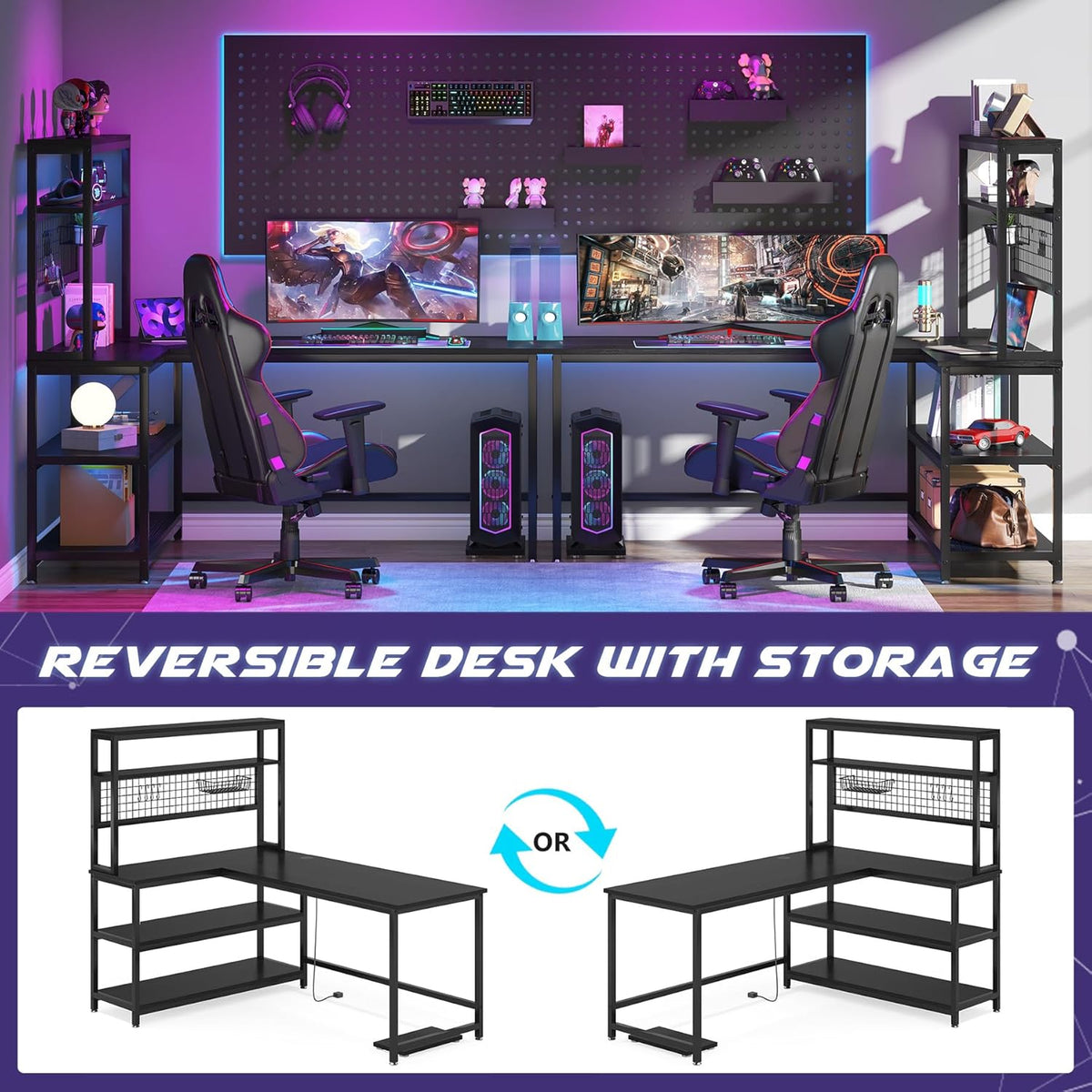Tribesigns 55" Large Computer Desk with Wireless Charging 5 Storage Shelves, Office Desk Study Table Writing Desk Workstation with Hutch Bookshelf for Home Office (All Black)