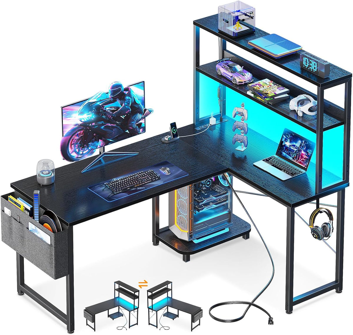 Casaottima Gaming Desk with Power Outlets & LED Lights, 43 Inch Reversible L Shaped Computer Desk with Shelves & Storage Bag, Corner Desk for Home Office, Black
