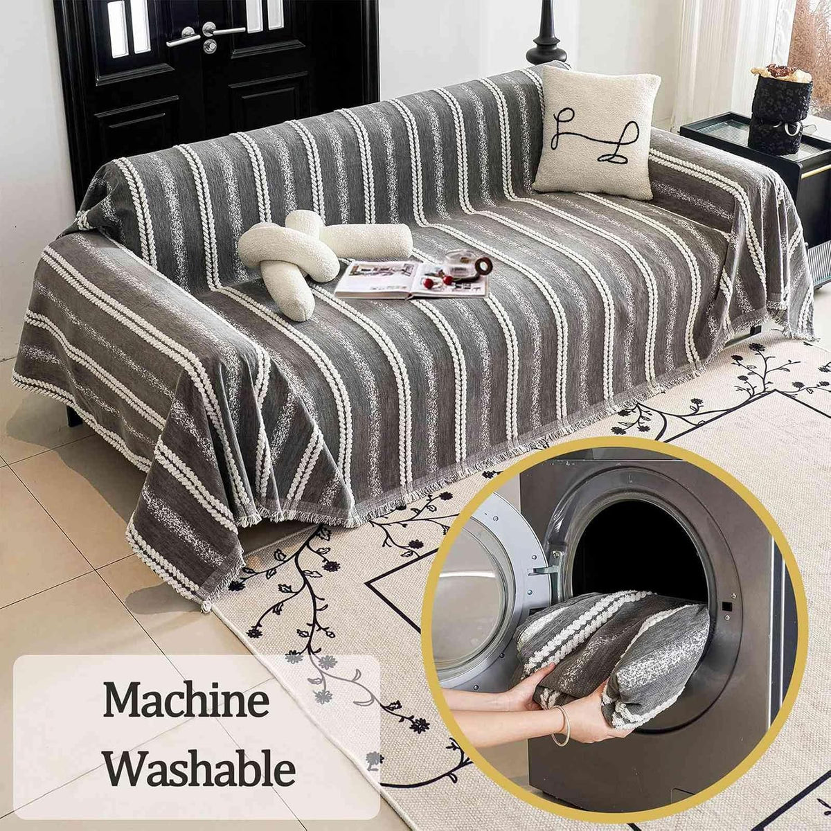 Couch Cover for Dogs Washable Sofa Cover, Sectional Couch Covers, Sofa Covers for 2 Cushion Couch, Non Slip Stripe Sofa Slipcovers Furniture Protector, Couch Protector from Cat Claws, Grey,75''x118''