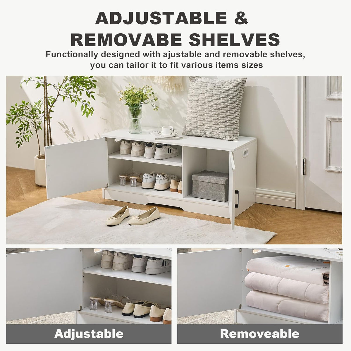 Shoe Bench, Entryway Storage Bench with 2 Doors, Shoe Rack Adjustable Shelves, Shoe Cabinet with Storage, 31.5" W x 13.8" D x 18.1" H for Entryway, Living Room, Hallway, Mudroom, Bedroom, White