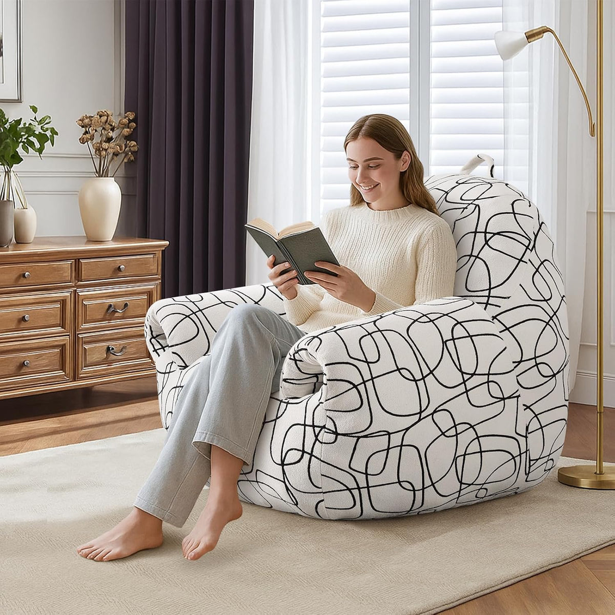 DAICO Bean Bag Chairs for Adults Bean Bag Sofa with Armrests Comfy Accent Chair White Single Lazy Floor Sofas with Foam for Living Room Reading Bedroom Gaming Office (Stripe Pattern)
