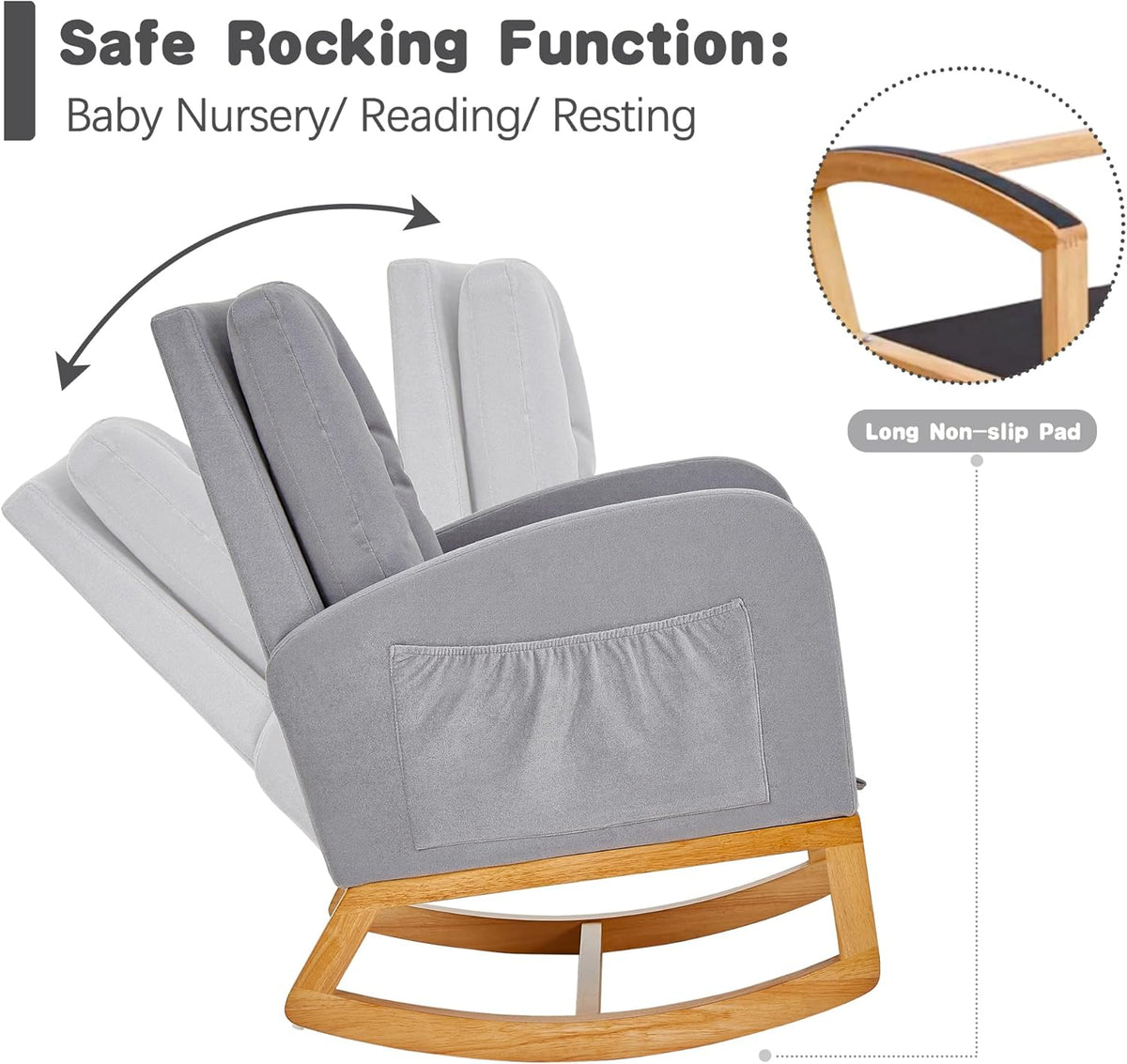 VECELO Rocking Chair Nursery, Modern Sherpa Glider Rocker Accent Arm Chair with High Back and Side Pocket, Cozy Rocking Armchair for LivingRoom, Bedroom, Gray