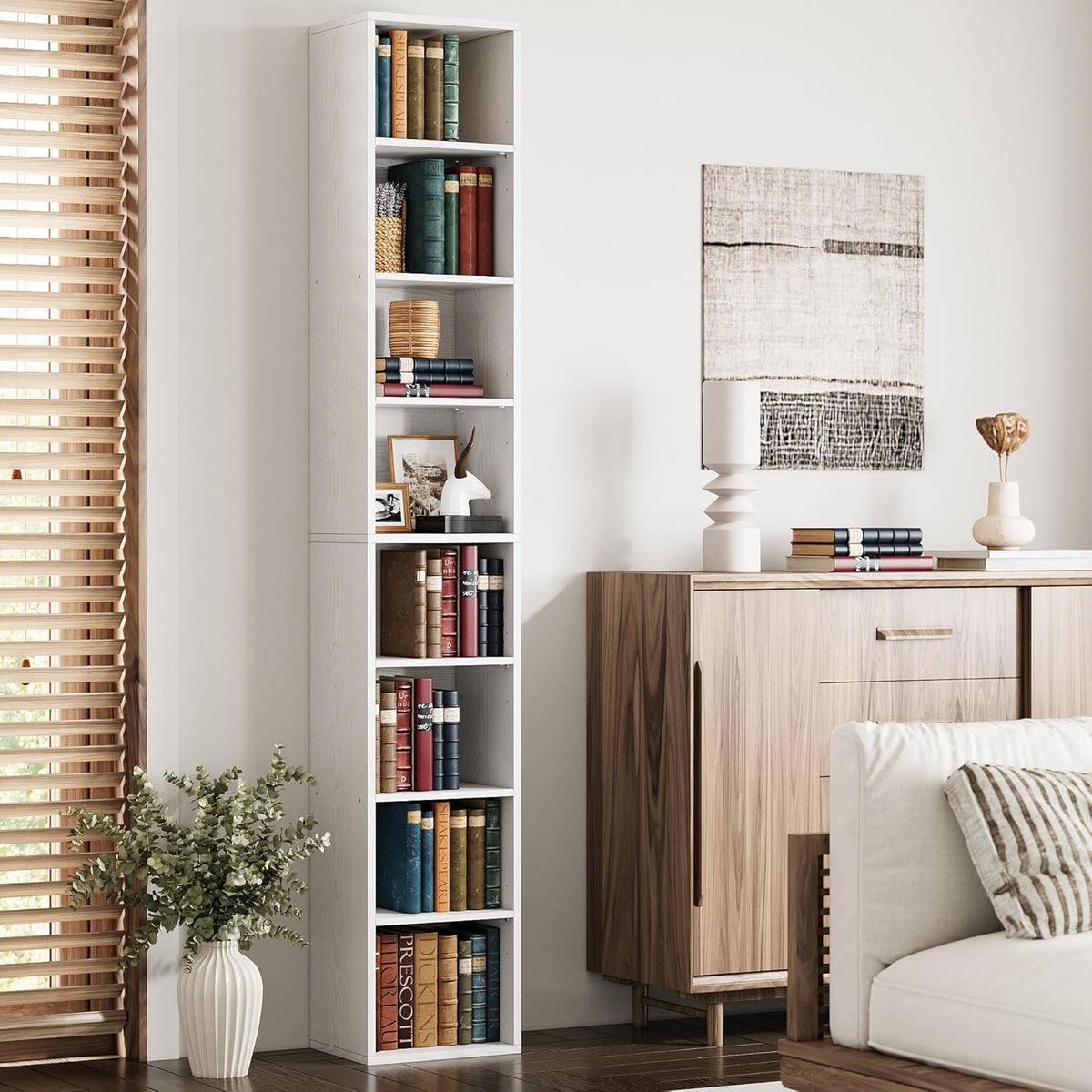 IRONCK Tall Narrow Bookshelf 8 Tiers, Compact Corner Bookcase, Easy to Match for Living Room, Office, Study, Bedroom, White