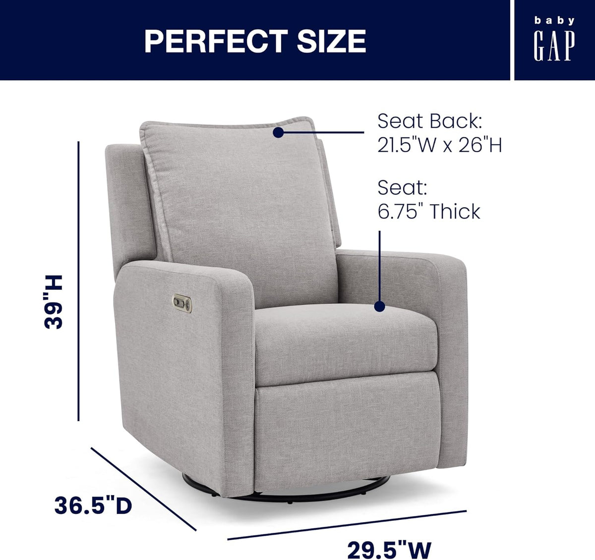 Delta Children babyGap Harlowe Power Recliner with USB-A & Charging Port Greenguard Gold Certified – Stain-Resistant Performance Fabric is Oeko-TEX Standard 100 Certified, Ash