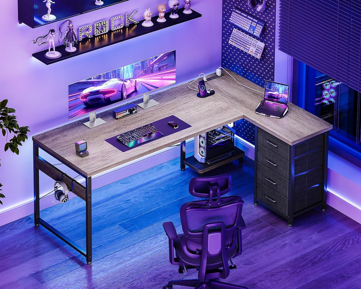 AODK L Shaped Desk with 4 Tier Drawers, 61" Reversible Gaming Desk with Power Outlets, L Shaped Computer Desk with USB Charging Port and Host Stand, Home Office Corner Desk, Easy to Assemble, Grey Oak