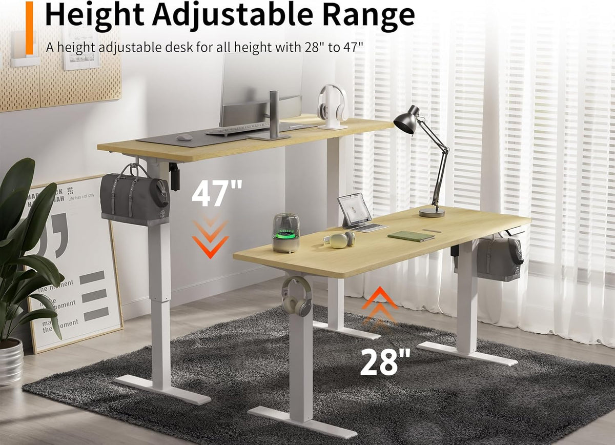 48x24 Inches Height Adjustable Electric Standing Desk with 2 Hooks for Home Office, Ergonomic Sit Stand up Desk with Splice Board, Oak
