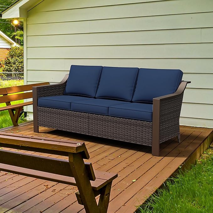 75" Patio Metal Wicker Sofa, 3-seat Deep Seat & Upholstered Couch, Outdoor All-Weather Rattan Loveseat with Washable Cushions, Steel Frame Couch, Garden (Navy Blue)