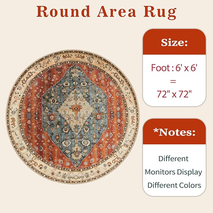 SERISSA Boho Round Area Rug, 6ft Washable Non-Slip Circle Rug, Ultra Soft
