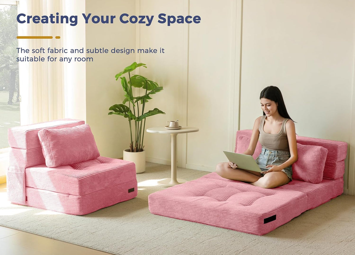 MAXYOYO Convertible Sofa Bed, Fold Out Loveseat Sleeper Sofa with Pillow, 4 in 1 Tufted Folding Couch Bed Foam Floor Couch, Lazy Chair for Living Room Bedroom Guest Room, Pink