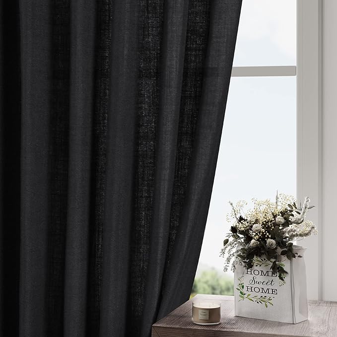 Solid Black Curtains 96 Inches Long 2 Panel Set Back Tab Sheer Black Linen