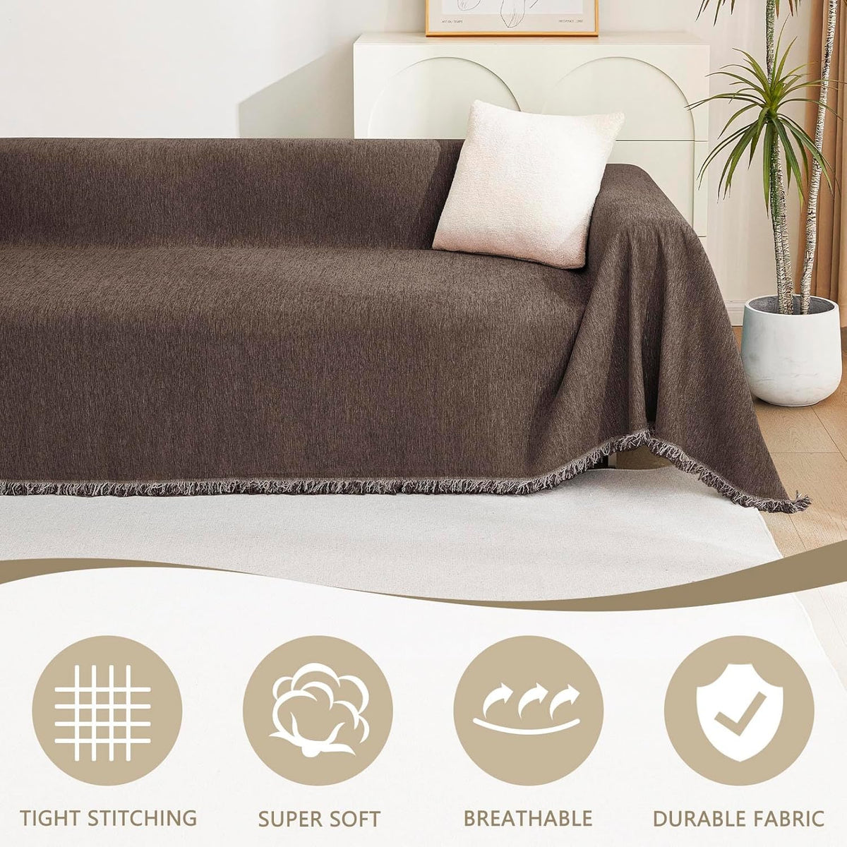MYSKY HOME Boho Couch Cover Chocolate Sofa Covers with White Tassel Farmhouse Sofa Slipcover Simple Couch Protector for Dogs Chenille Sectional Couch Covers L Shaped Couch Cushion Covers, 91"x 134"
