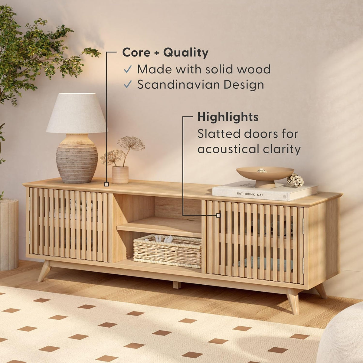 Plank+Beam Mid-Century Modern Wood TV Stand, Solid Wood Entertainment Console with Storage, 59" L x 16" W x 19" H, Blonde