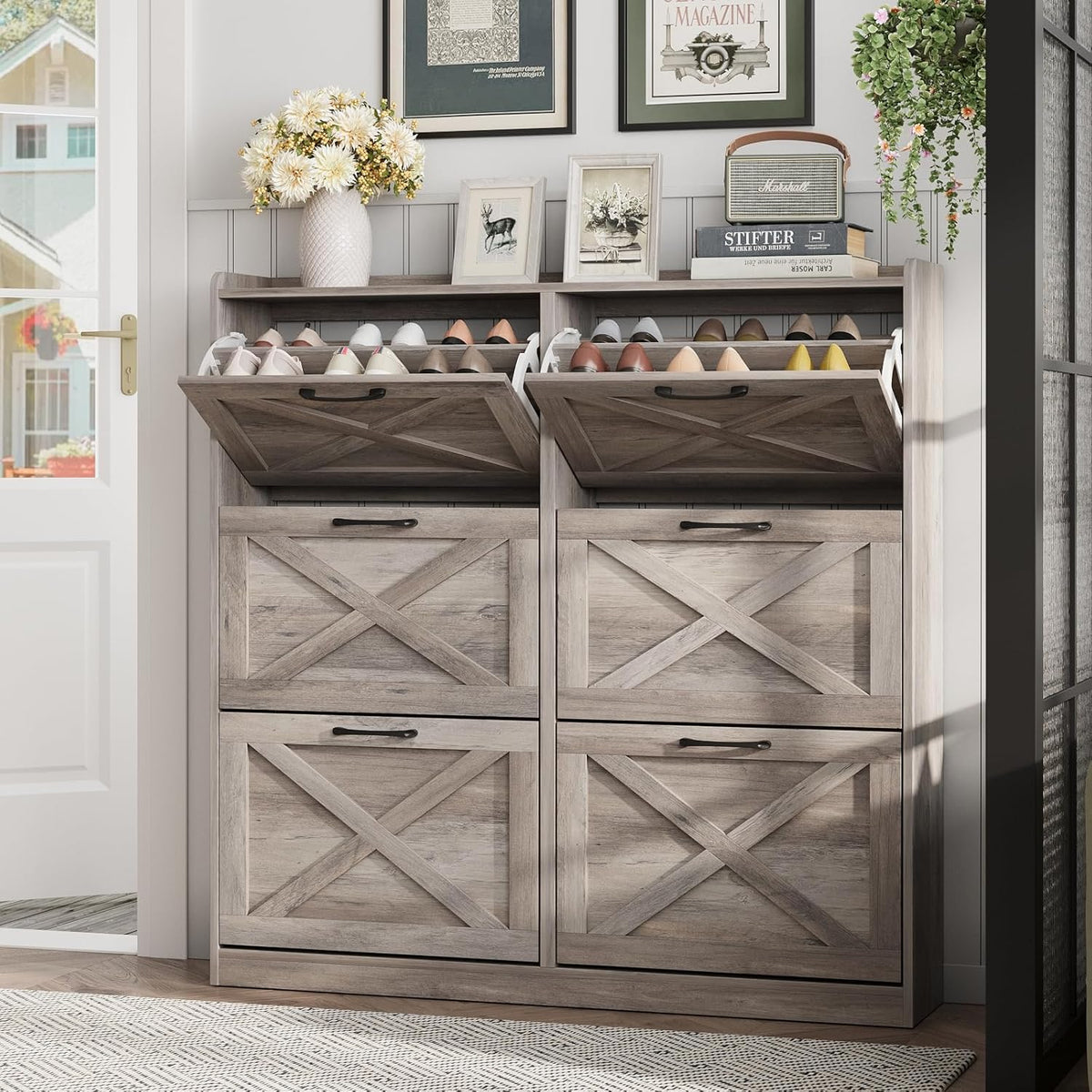 Maupvit Large Shoe Storage Cabinet with 6 Flip Drawers, Freestanding Shoe Organizer with Metal Handles for Entryway, Narrow Shoe Rack Cabinet, Washed Gray