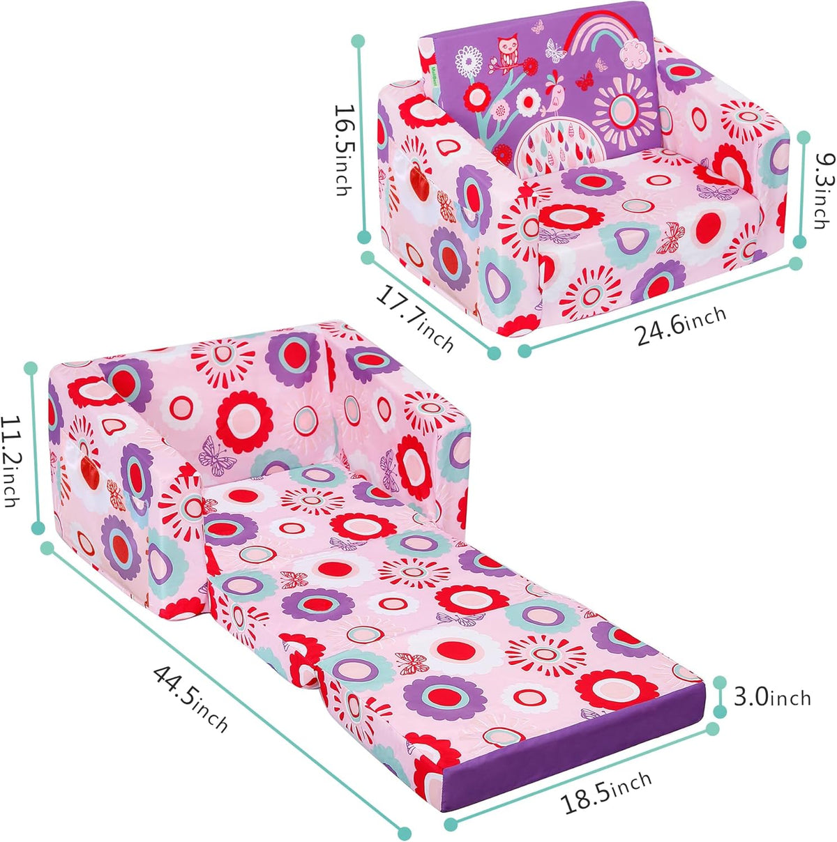 MallBest Kids Sofas Children's Sofa Bed Baby's Upholstered Couch Sleepover Chair Flipout Open Recliner(Pink/Flowers)