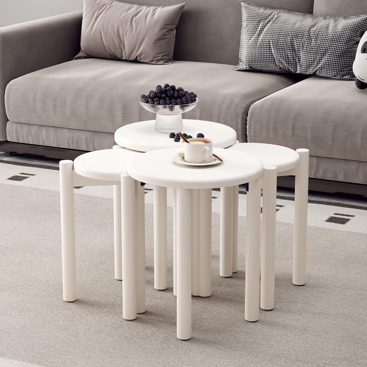 Stackable Stools Set of 4, Wood Stool 18 Inch Stool Stackable Side Tables Nesting Table Sturdy and Durable, No Installation Required for End Table,Top Stackable Round Stools(White Barstool)