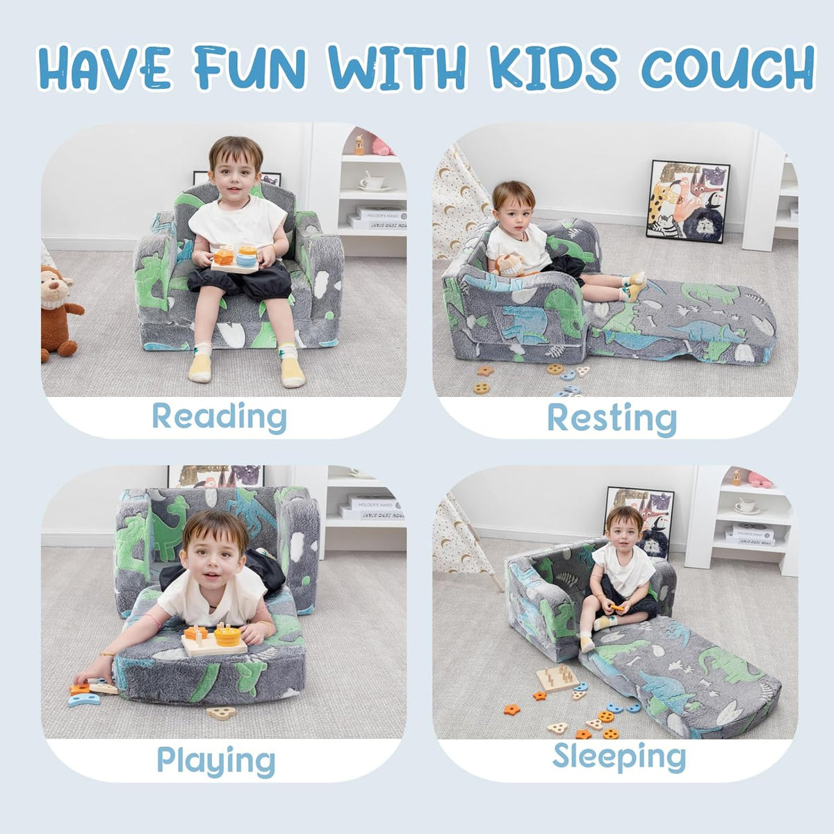 Comfy Toddler Chair and Couch for Kids with Blanket,2-in-1 Soft Plush Fold Out Toddler Couch for Girls and Boys,Convertible Sofa to Lounger for Playroom,Gray Dinosaur