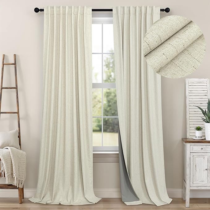 Cream Beige Blackout Curtains 90 Inches Long Thick Linen Patio Curtains