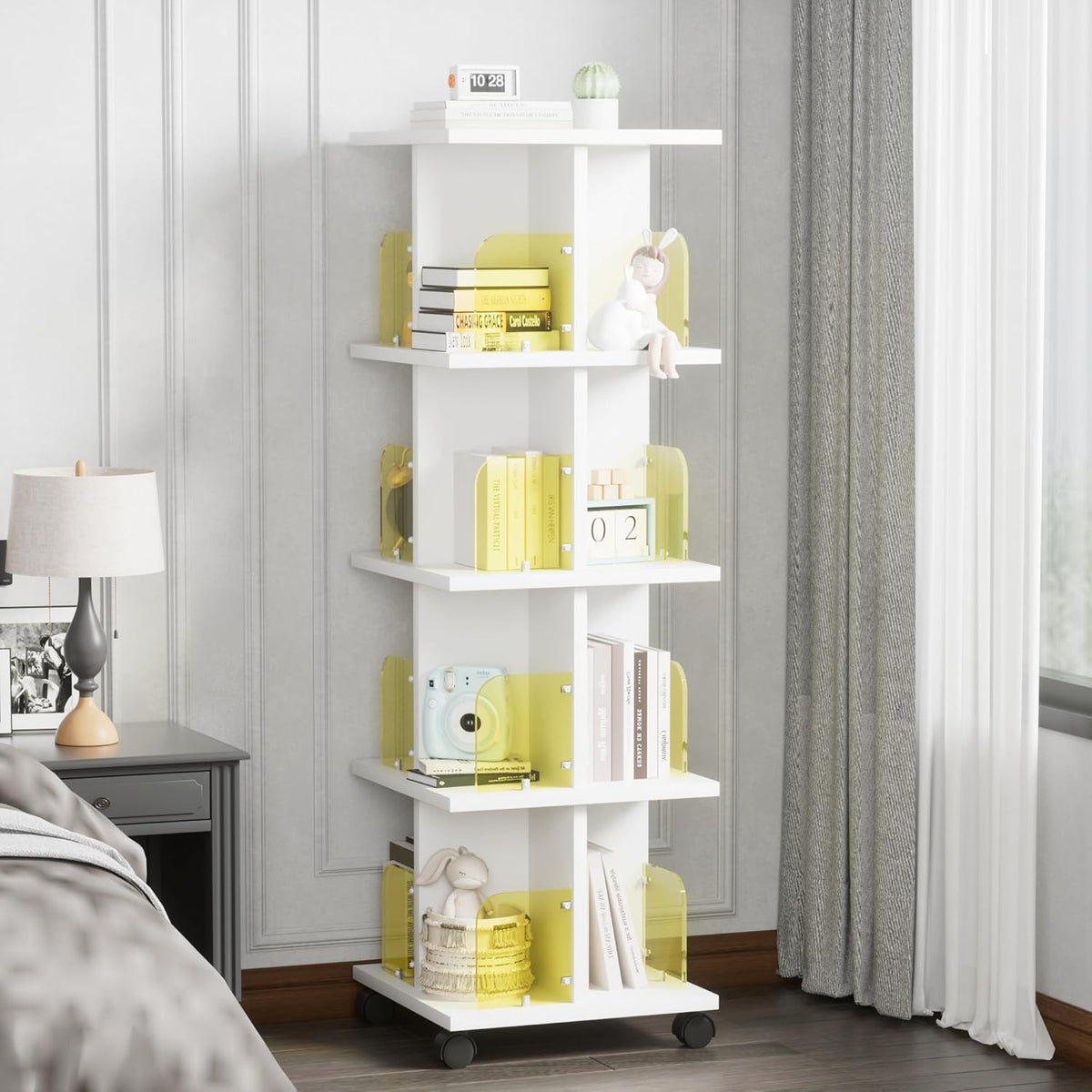 VECELO 4-Tier Rotating Bookshelf, Modern Swivel Bookcase for 360°Display,Stackable Square Book Shelves Floor-Standing Storage for Home Office, Solid Wood, Smooth Spinning, White