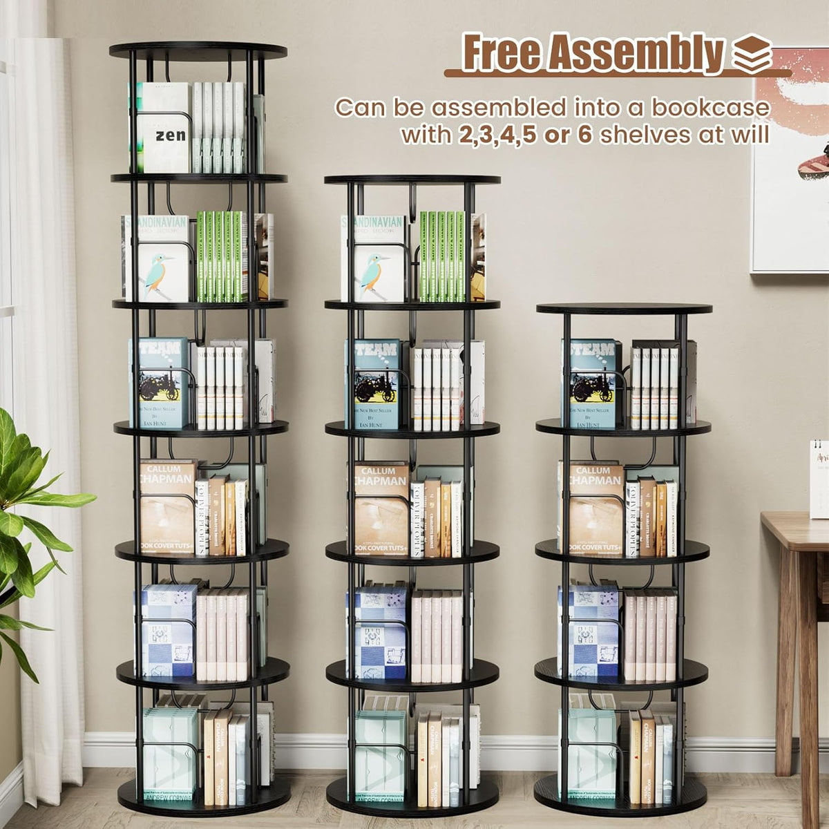 6 Tier Rotating Bookshelf, 360 ° Display Stackable Spinning Bookshelf Tower, Corner Bookshelf Tall Floor Standing Swivel Bookcase Narrow Storage Organizer for Bedroom, Living Room, Black