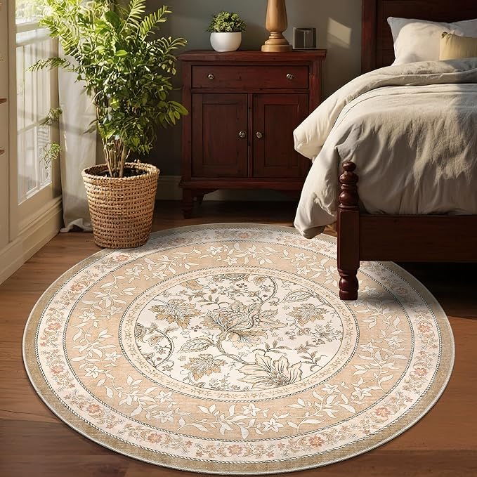 GarveeHome Pinkish Brown Botanical Grove 5ft Round Rug, Small Circle Vintage