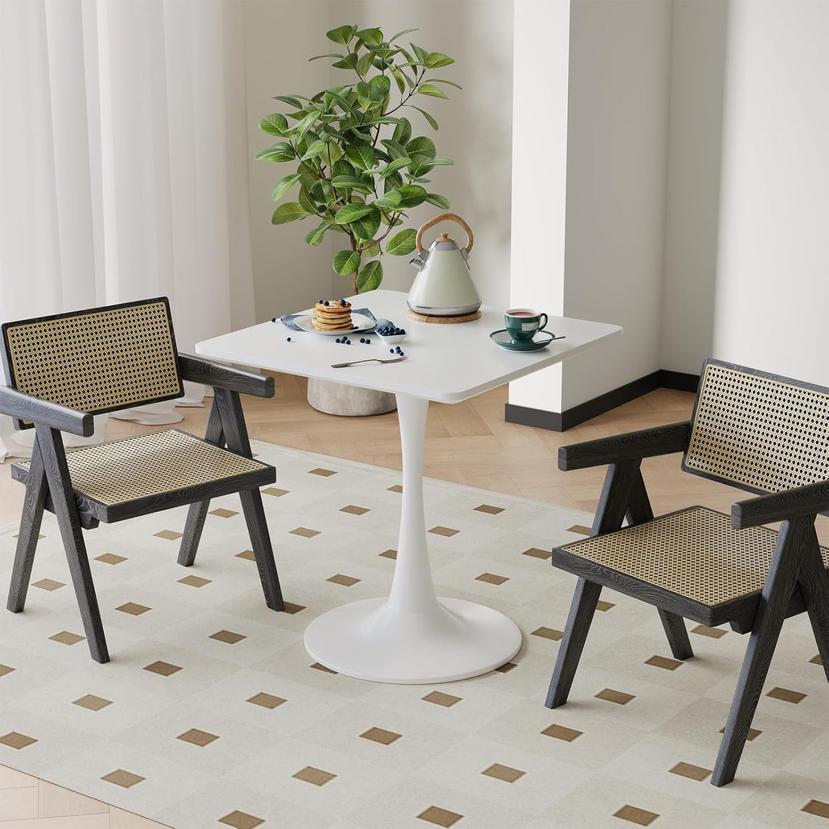 White Square Tulip Table for 2 Person, 24 Inch Small Dining Table with Metal Pedestal Base for Kitchen, Mid Century Modern Table with Round Corners for Living Room, Cafe, Office, Pub, Bar, Bistro