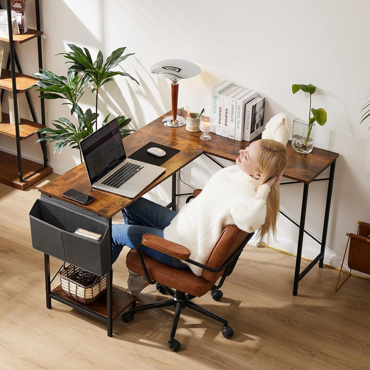 Whitmor L Shaped Gaming Desk - 50 Inch Reversible Corner Computer Desk with Wood Top, Metal Frame, CPU Stand & Side Bag, Home Office Dorm Sturdy Writing Workstation, Brown