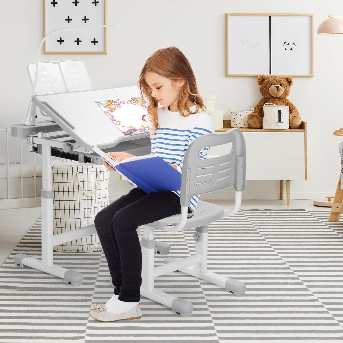 Rengue Kids Desk and Chair Set Height Adjustable School Study Desk and Chair with 55° Tiltable Desktop, 3 Modes &3 Brightness LED Lamps, Storage Drawer and Metal Hook for Boys Girls Gifts (Grey)
