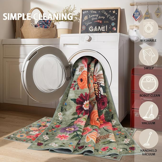 Floral Machine Washable Rug Green, 3x5 Rug Non Slip Soft Bedroom Rugs