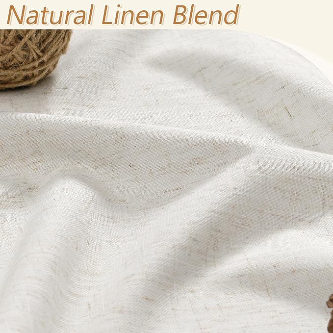 Beige White 100% Blackout Linen Curtains 120 Inch Length 2 Panels Set