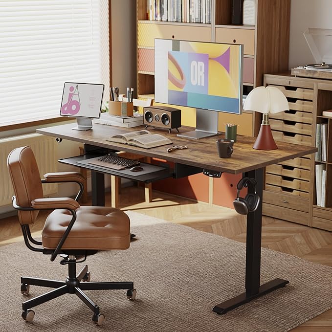 Agilestic Height Adjustable Desk with Keyboard Tray, 55 x 24 Inches Electric Standing Desk with Memory Preset, Stand up Computer Table, Lightweight Board, Dark Brown