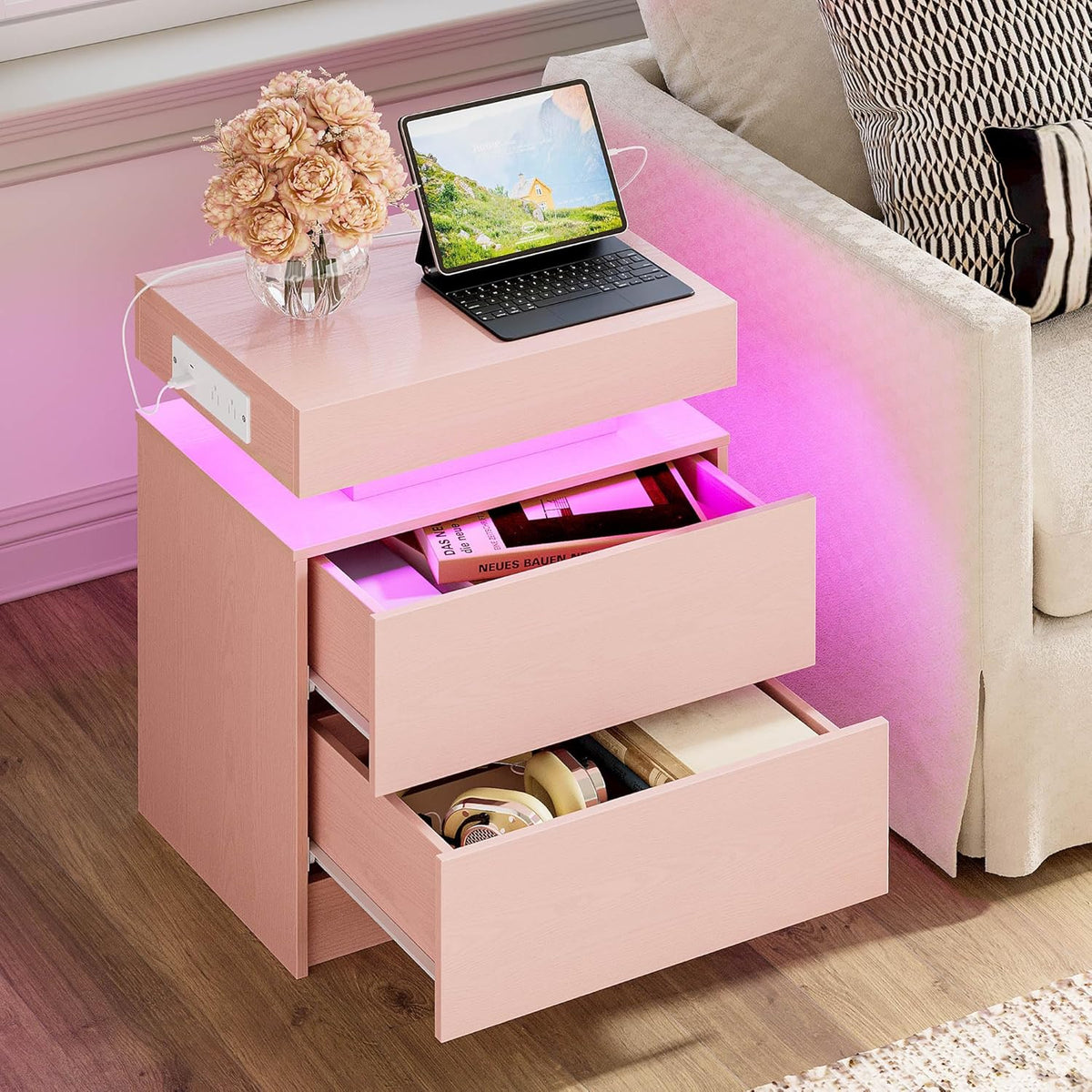 LIKIMIO Night Stand with Charging Station, Modern Pink Nightstand with LED Light and Drawers, Bedside Tables/End Table for Bedroom