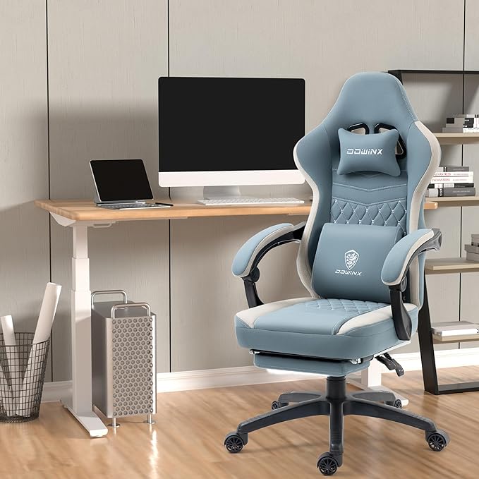 Dowinx Gaming Chair Breathable Fabric Game Chair with Gel Pad and Storage Bag, Comfortable Gamer Chair with Pocket Spring Cushion, Ergonomic Computer Chair with Footrest, Blue