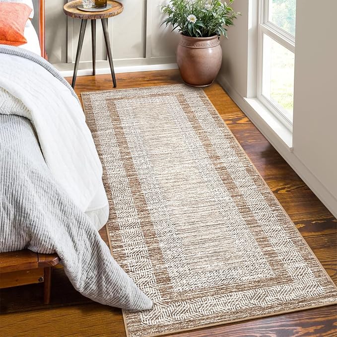 GarveeHome 2x6 Modern Bordered Runner Rug Soft Non Slip Runner Washable Non