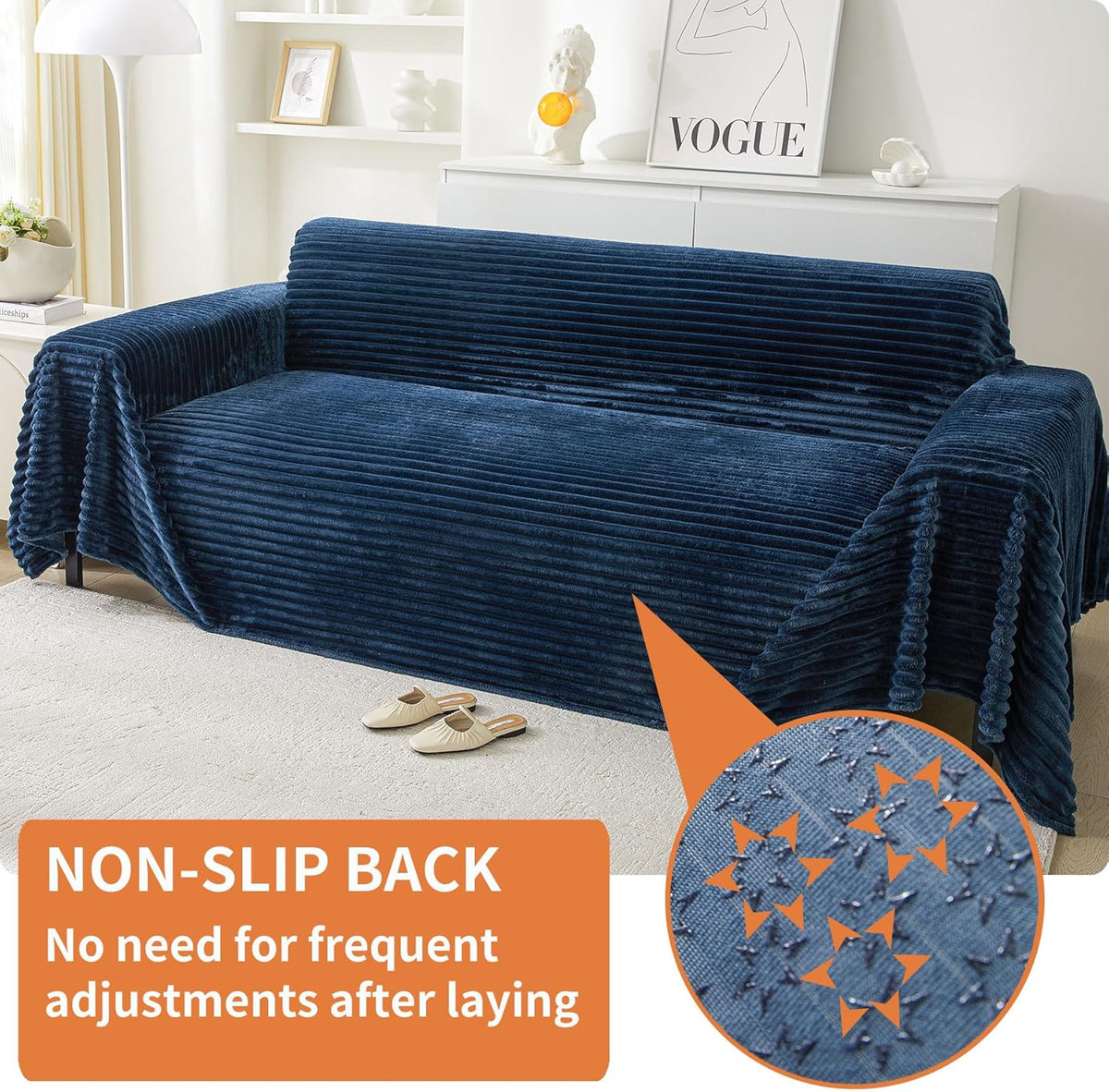 HAOMAIJIA Faux Fur Sofa Covers Couch Covers for 2 Cushion Couch Sofa Pet Friendly Soft Non Slip Couch Cover for Dogs Washable Sectional Couch Covers L Shape Furniture Protector (Navy Blue, 91"x118")