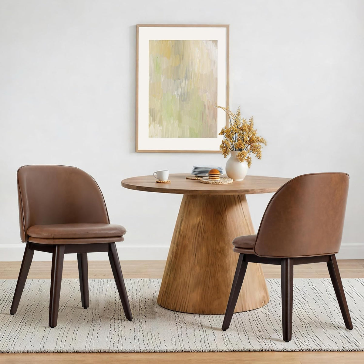 Wooden Dining Chairs Set of 2, Faux Leather Upholstered Modern Dining Room Chairs with Double-Layer Thick Seat Cushion & Ergonomic Backrest for Restaurant, Kitchen and Café, Brown