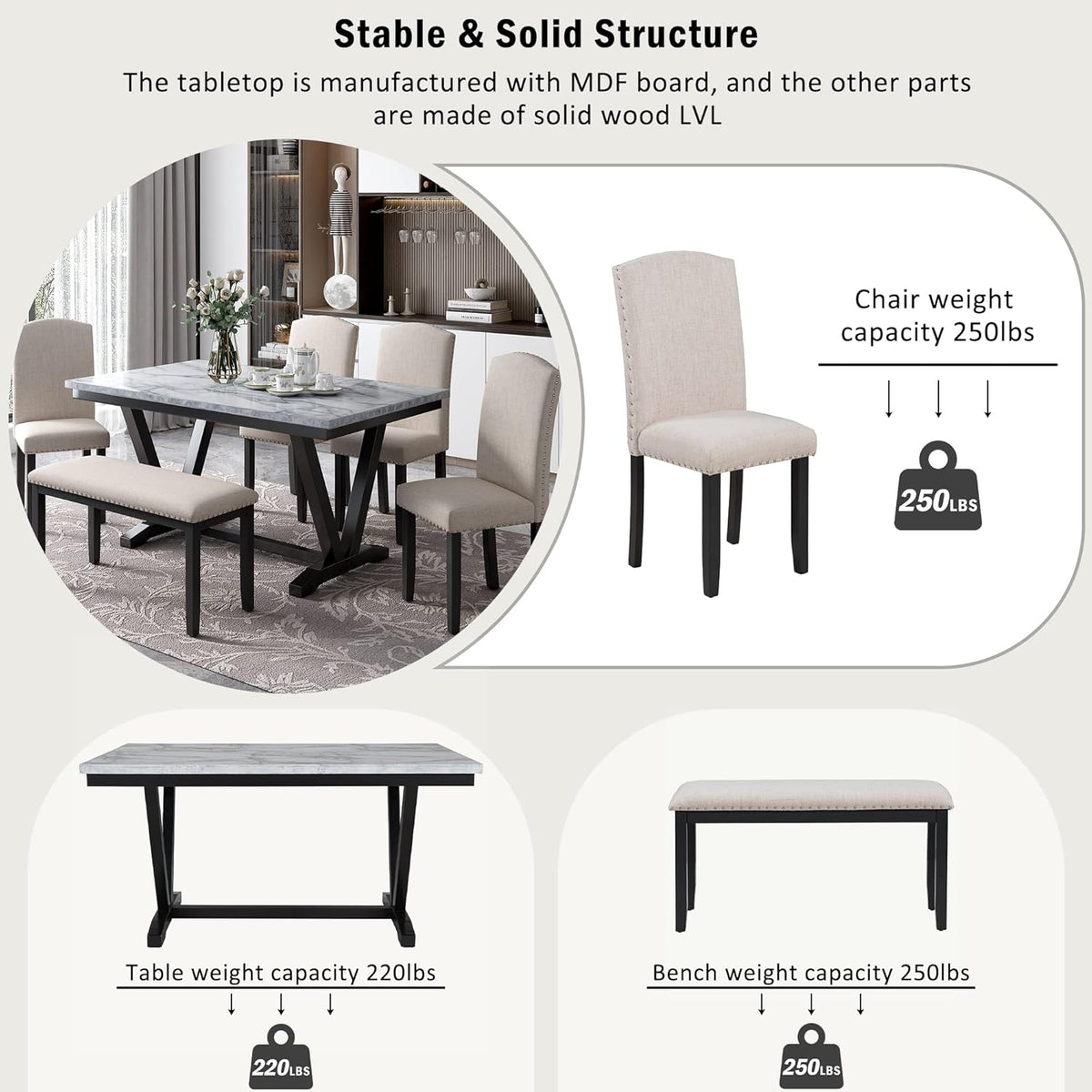 6 Pieces Dining Table Set with 60" Rectangle Marbled Veneers Tabletop Kitchen Desk,Living Room Furniture W/ 4 Chairs & 1 Bench,for Restaurant,Home Bistro,White