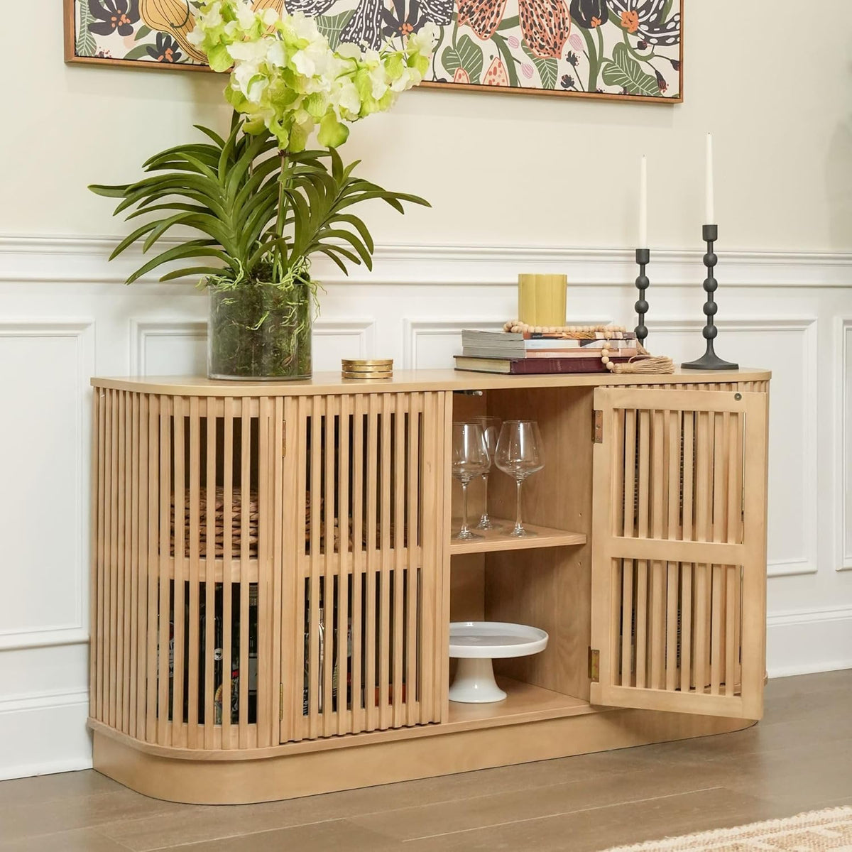 Plank+Beam Contour Wood TV Stand, Three Door Solid Wood Entertainment Console with Storage, 59" L x 16" W x 30" H, Blonde