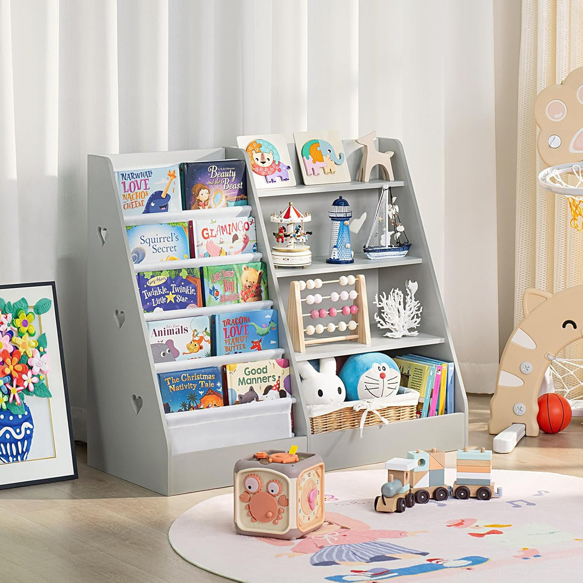 Lerliuo 4 Tier Kids Bookshelf and Storage Organizer, Five Layer Sling Children Bookcase, Baby Toddler Wooden Book Shelf, Display Cabinet for Playroom, Bedroom, Classroom, Nursery, School (Grey)