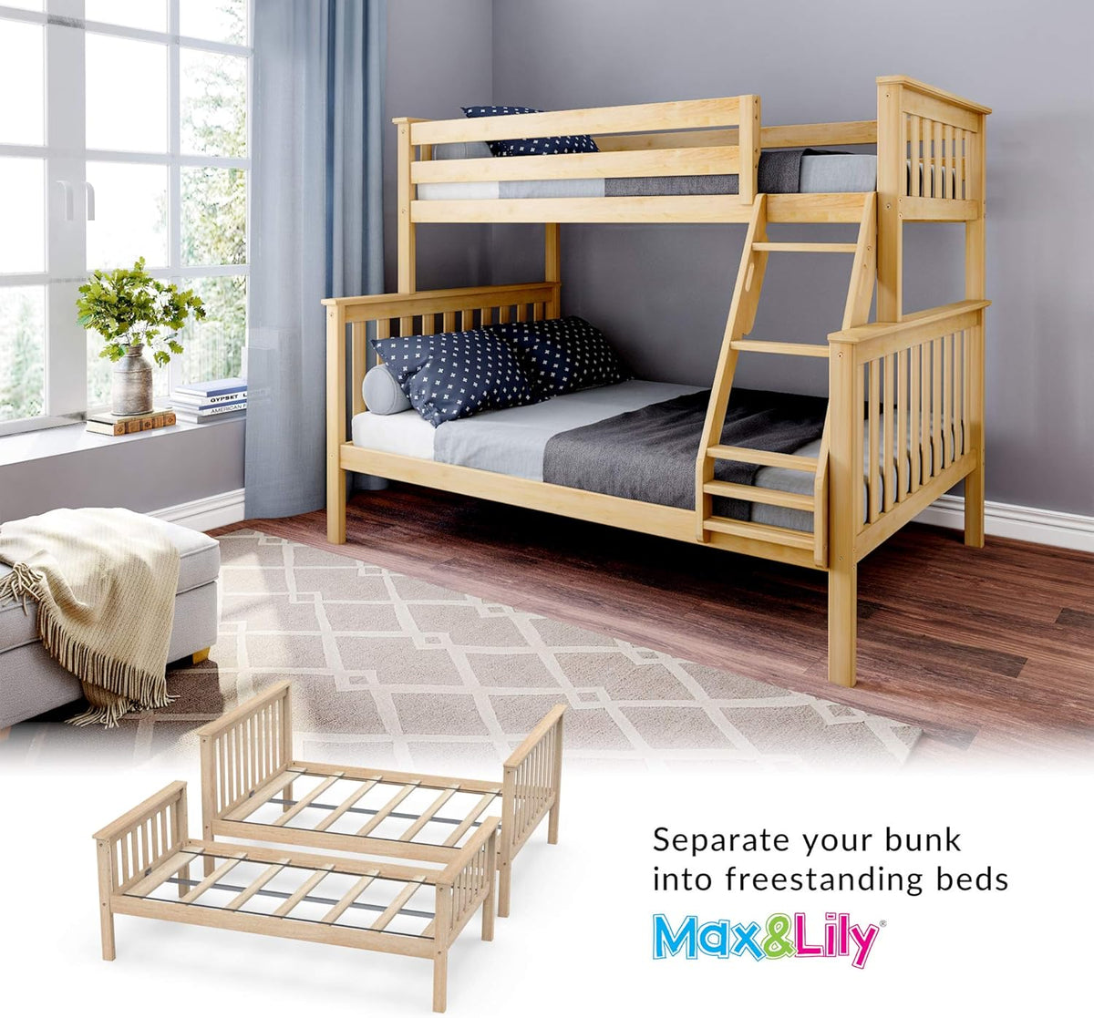 Max & Lily Bunk Bed Twin Over Full Size with Ladder, Solid Wood Platform Bed Frame with Ladder for Kids, 14" Safety Guardrails, Easy Assembly, No Box Spring Needed, Natural