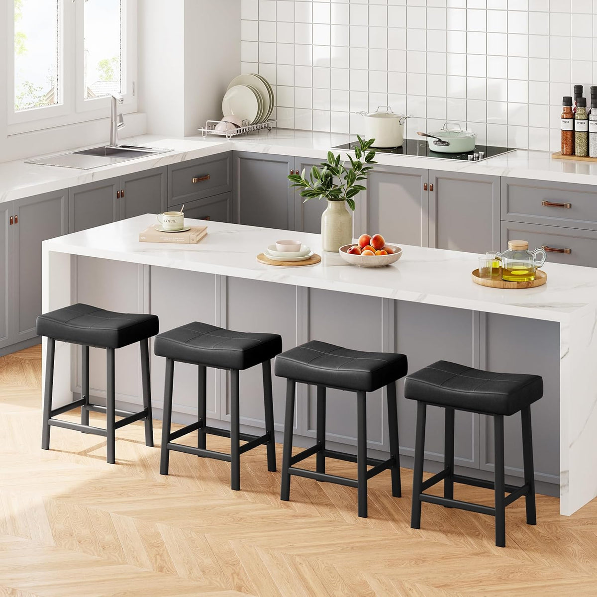 GarveeHome Counter Height Bar Stools Set of 4, 24 Inch Barstools for Kitchen Island Counter, Upholstered Padded Saddle Chairs with Curved Cushion, Easy Assembly, Black