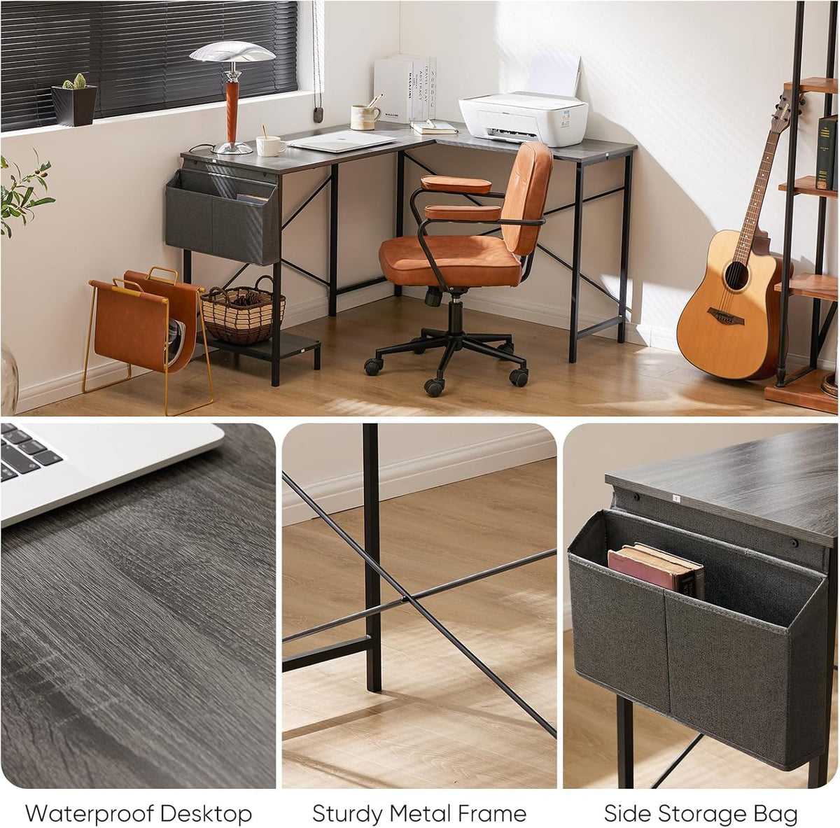 Whitmor L Shaped Gaming Desk - 50 Inch Reversible Corner Computer Desk with Wood Top, Metal Frame, CPU Stand & Side Bag, Home Office Dorm Sturdy Writing Workstation, Grey