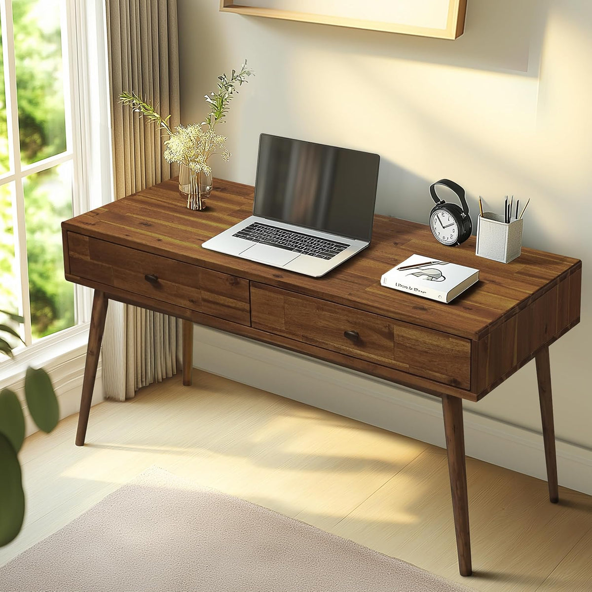 Acacia Lagom 48" Solid Wood Work Desk with Drawers, Home Office Desk Office Furniture, Work Table for Home Office, Scandinavian Style Wood Work Desk for Home Office, Walnut