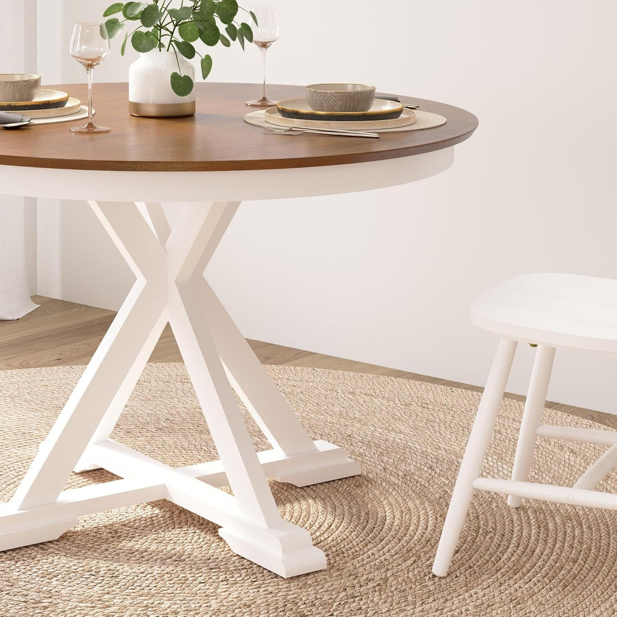 Bush Furniture Round Dining Table, 45 inch Trestle Design, Modern Transitional, West End Collection, Dark Brown and White