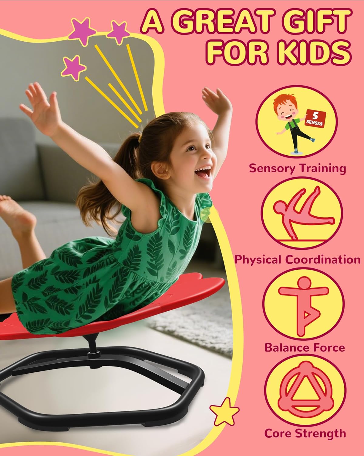 21" L × 19" W Spinning Chair for Autistic Kids, Sensory Toys for Kids with Autism, Sit and Spin, Toddlers & ADHD Children, Sensory Products Swivel Chair, Dark Red